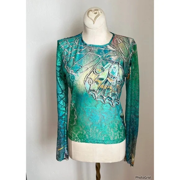Siedres Butterfly Long Sleeve Semi Sheer Lace Top XS Green Blue - Picture 1 of 3